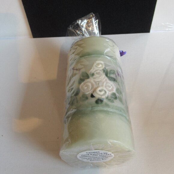 Stylized Flowers on lt Green Pillar Candle, Hand Painted, Helen Radok, Nature - Picture 2 of 2